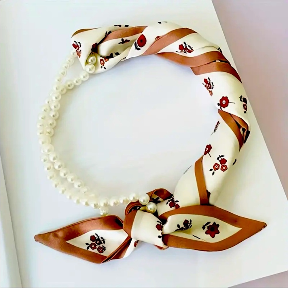 Floral Silk Style Scarf Pearl Necklace
